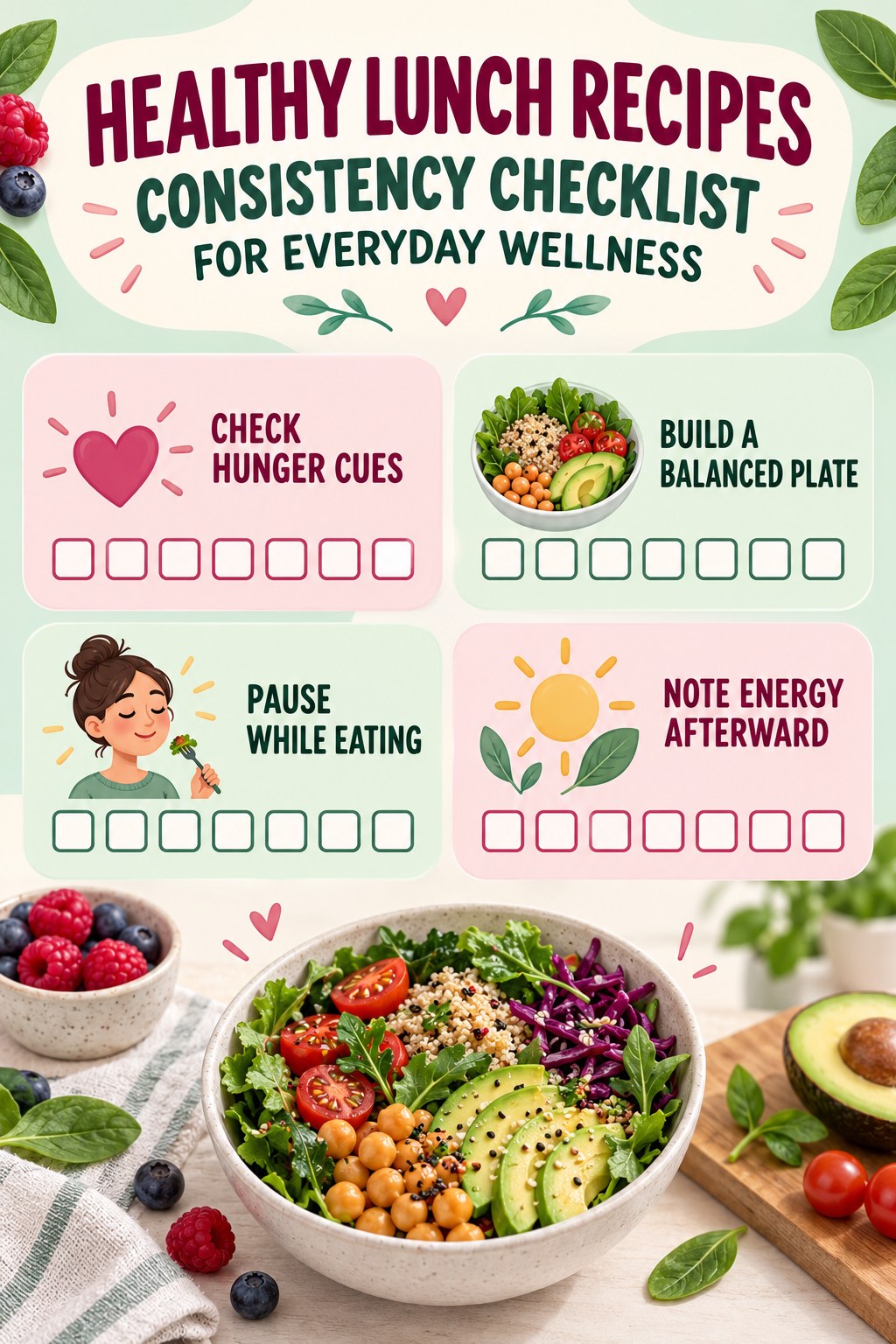 Healthy Lunch Recipes Consistency Checklist for Everyday Wellness infographic with checkboxes for check hunger cues, build a balanced plate, pause while eating, note energy afterward.