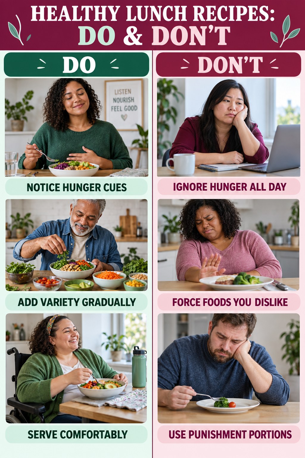 Healthy Lunch Recipes Do and Don’t comparison graphic showing three practical behavior pairs for mindful eating.