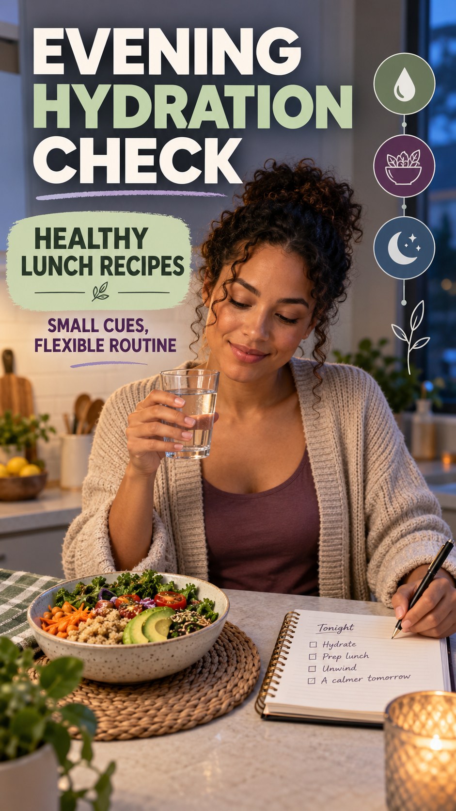 Evening Hydration Awareness infographic for Healthy Lunch Recipes, showing a flexible and calming evening wellness routine.