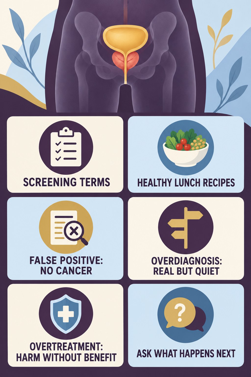 False Positive, Overdiagnosis, and Overtreatment infographic for Healthy Lunch Recipes with four concise prostate-health awareness points.