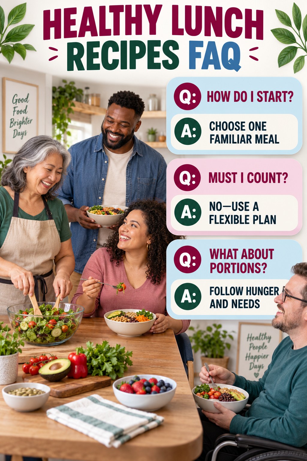 Healthy Lunch Recipes FAQ graphic with three concise questions and practical answers for beginners.
