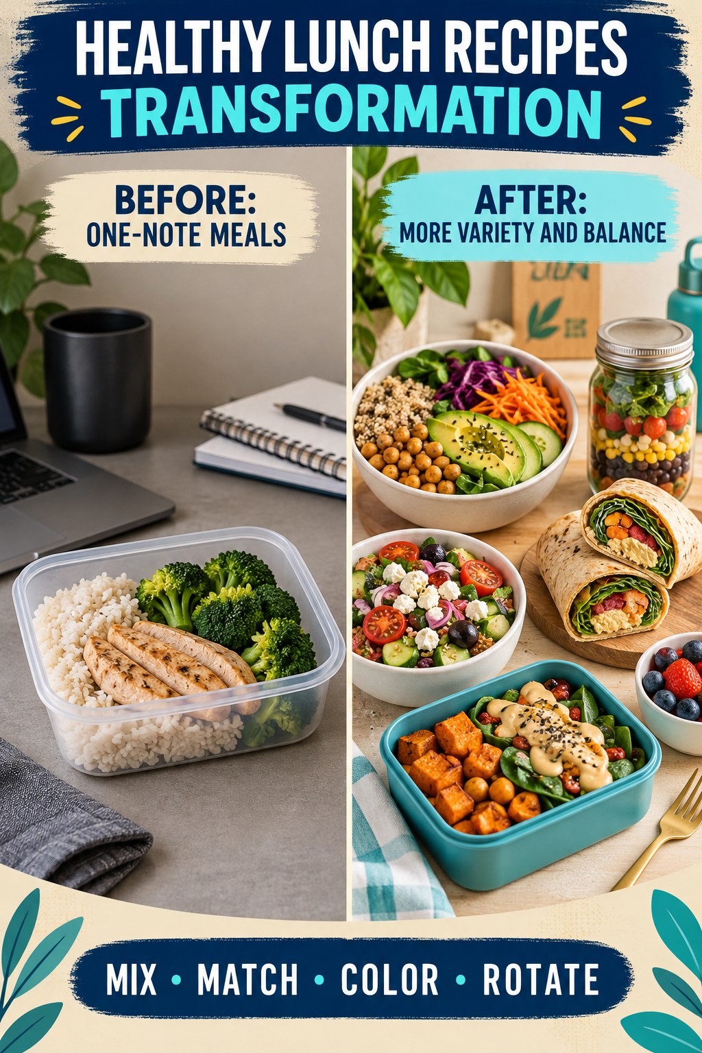 Healthy Lunch Recipes habit transformation graphic comparing one-note meals with more variety and balance using four practical steps.