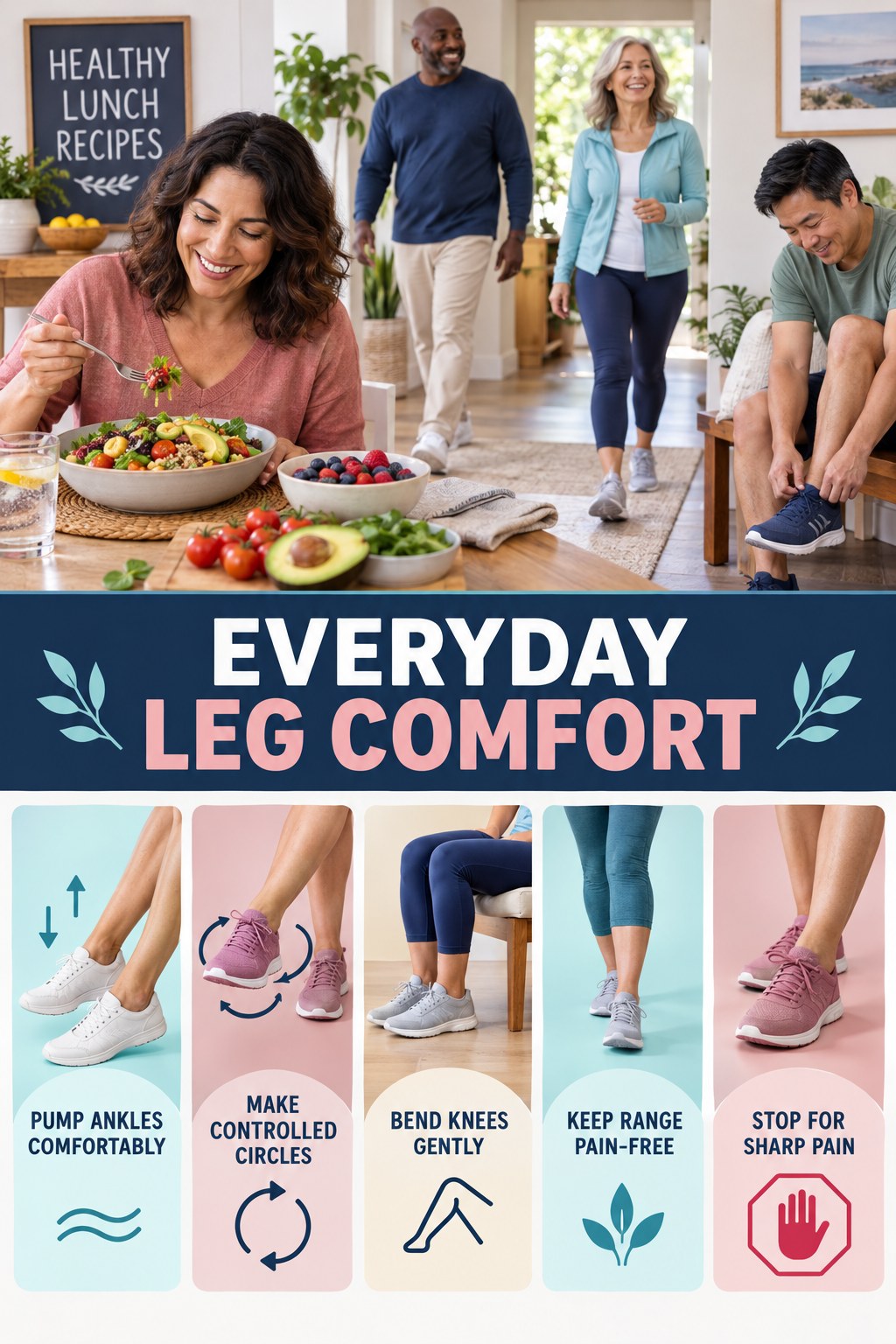 Gentle Ankle and Calf Mobility infographic for Healthy Lunch Recipes with five gentle movement, position, footwear, recovery, or safety actions.
