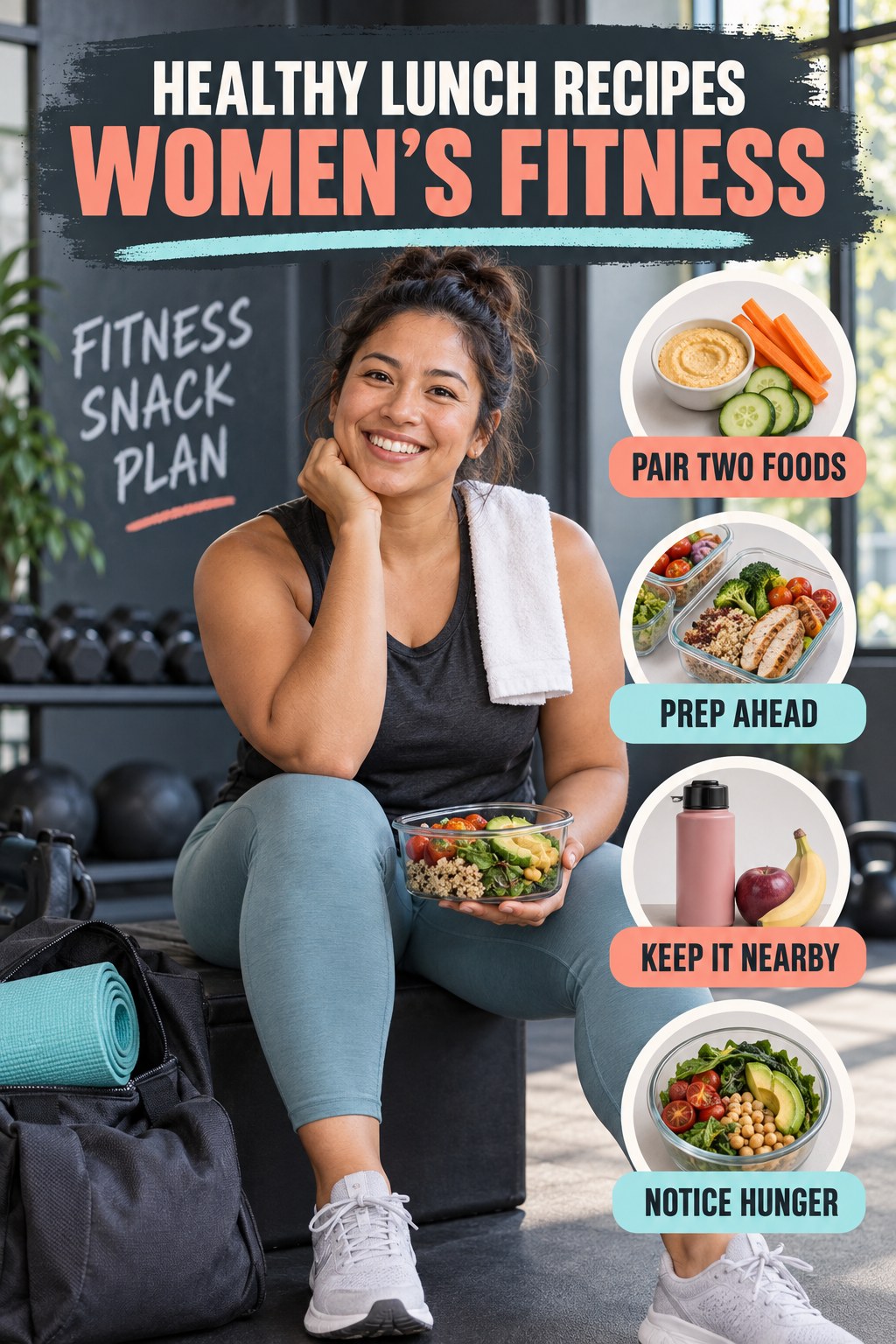 Healthy Lunch Recipes women’s fitness graphic titled Fitness Snack Plan with four practical training prompts.