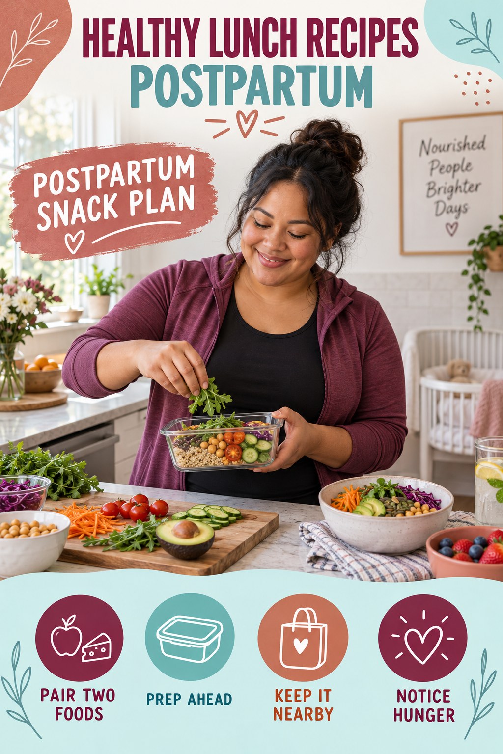Healthy Lunch Recipes postpartum graphic titled Postpartum Snack Plan with four gradual recovery-aware prompts.
