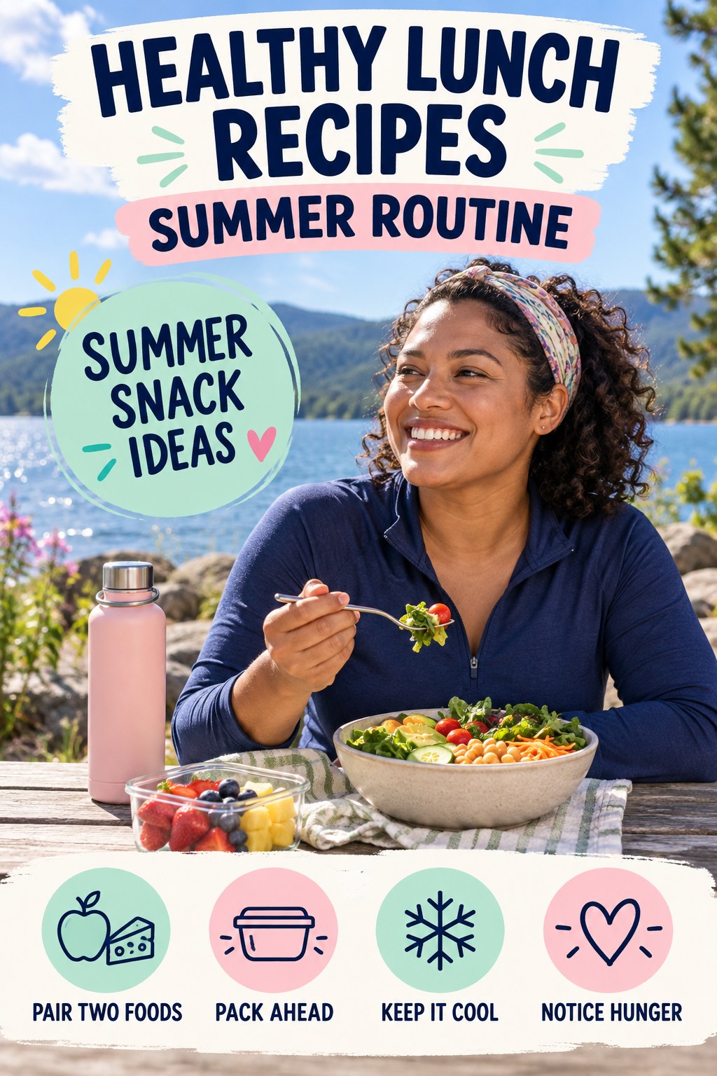 Healthy Lunch Recipes summer routine graphic titled Summer Snack Ideas with four practical wellness prompts.