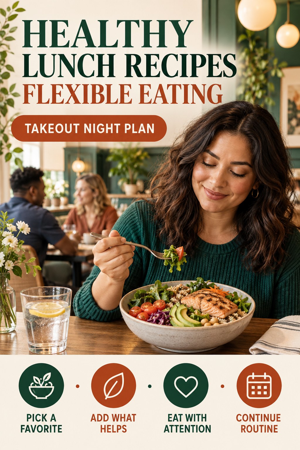 Healthy Lunch Recipes flexible eating graphic titled Takeout Night Plan with four practical balance prompts.