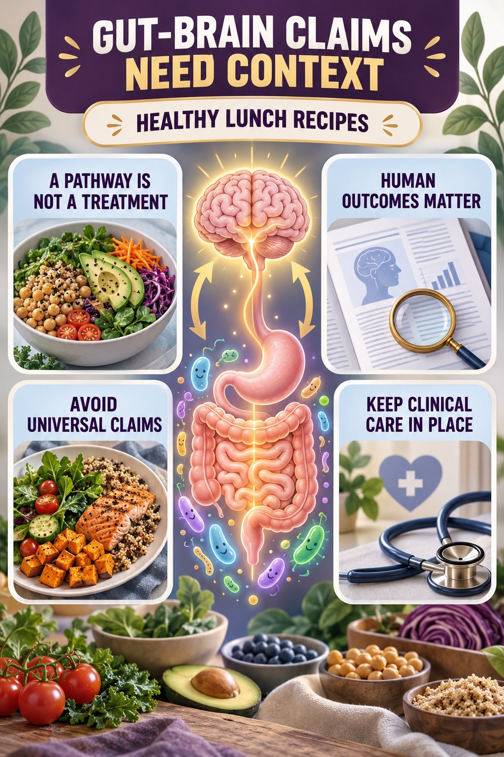 Gut-Brain Claims Need Human Evidence educational infographic for Healthy Lunch Recipes with four evidence-aware points.