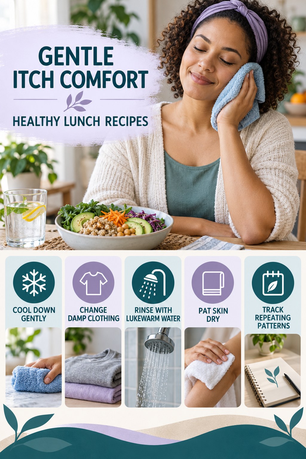 Heat and Sweat Comfort Plan infographic for Healthy Lunch Recipes with five gentle itchy-skin comfort strategies and a non-diagnostic safety focus.