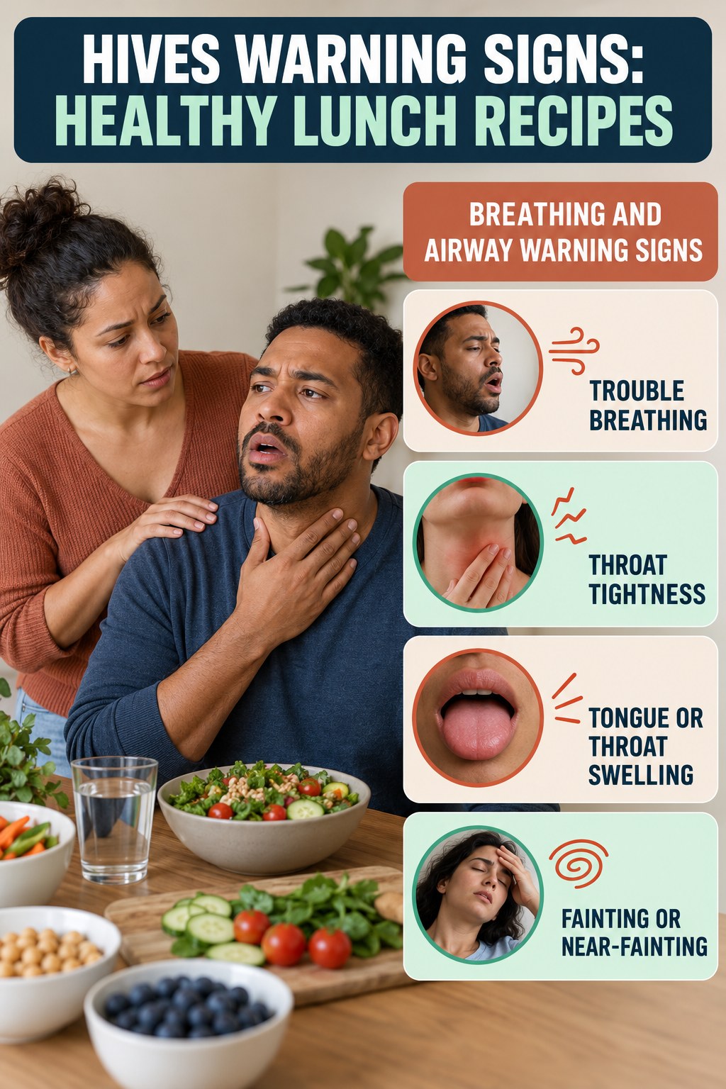 Breathing and Airway Warning Signs infographic for Healthy Lunch Recipes, highlighting urgent breathing, throat, swelling, fainting, and rapid-progression warning signs without diagnosing hives.