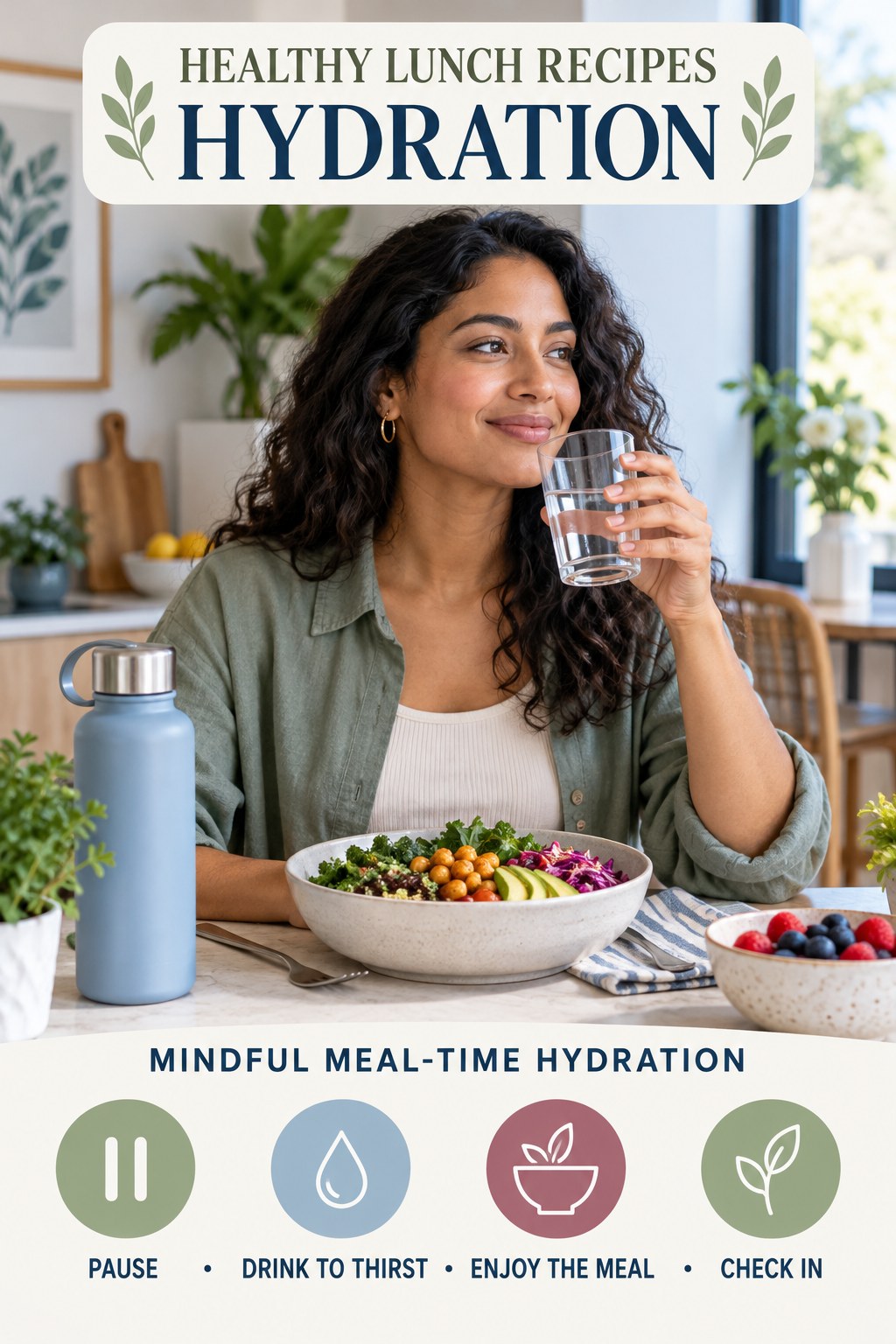Healthy Lunch Recipes hydration graphic titled Mindful Meal-Time Hydration with four flexible water-habit prompts and no fixed intake target.