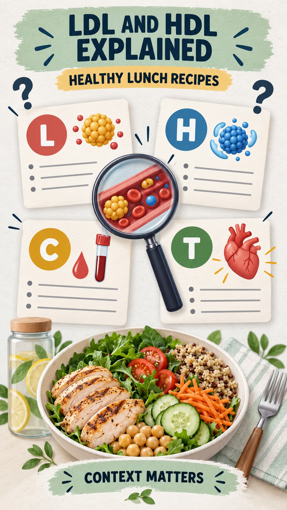 LDL and HDL Context Guide infographic for Healthy Lunch Recipes, using a non-numerical educational lipid-panel layout with question and context icons.