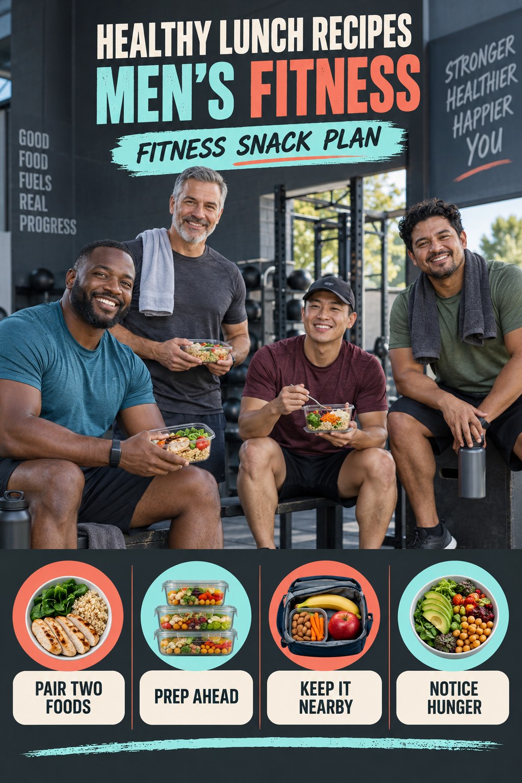 Healthy Lunch Recipes men’s fitness graphic titled Fitness Snack Plan with four practical training prompts.