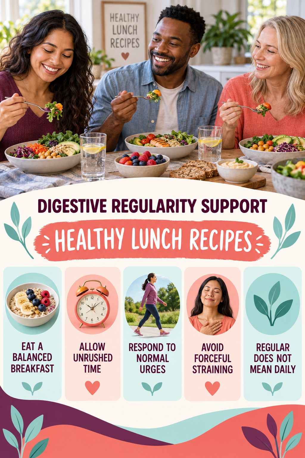 Morning Digestive Wellness infographic for Healthy Lunch Recipes with five practical food, hydration, movement, or routine actions and no cleanse claims.