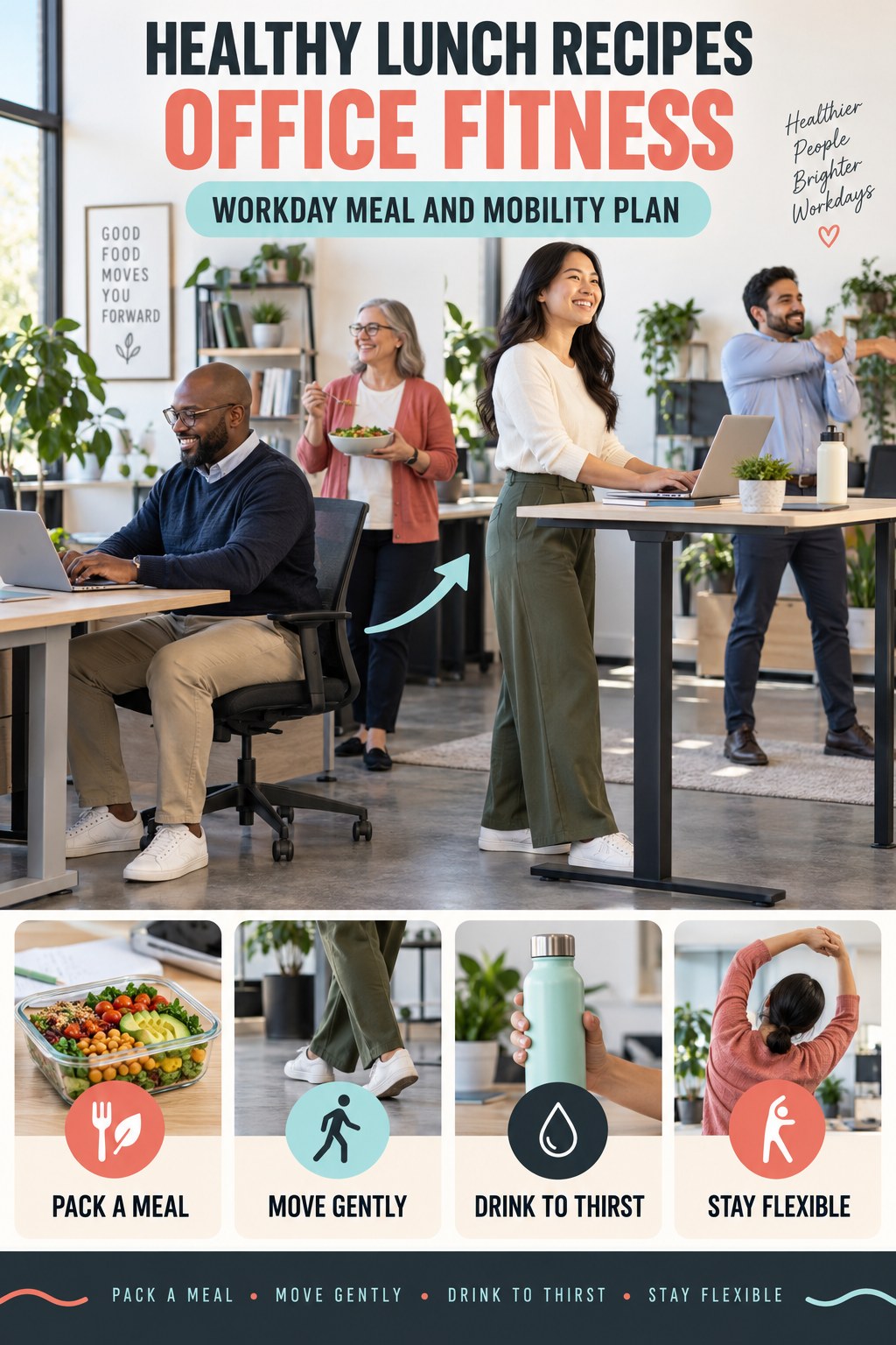 Healthy Lunch Recipes office-fitness graphic titled Workday Meal and Mobility Plan with four practical workday movement prompts.