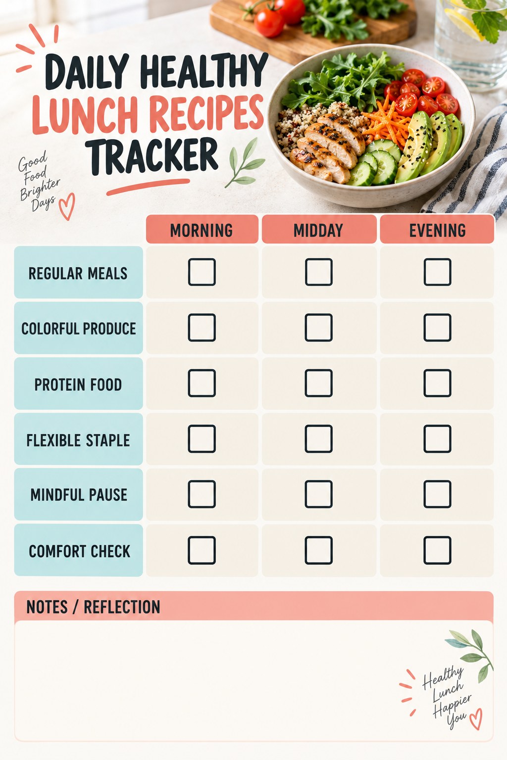 Daily Healthy Lunch Recipes printable-style tracker graphic with six labeled rows, empty checkboxes, and a reflection area.