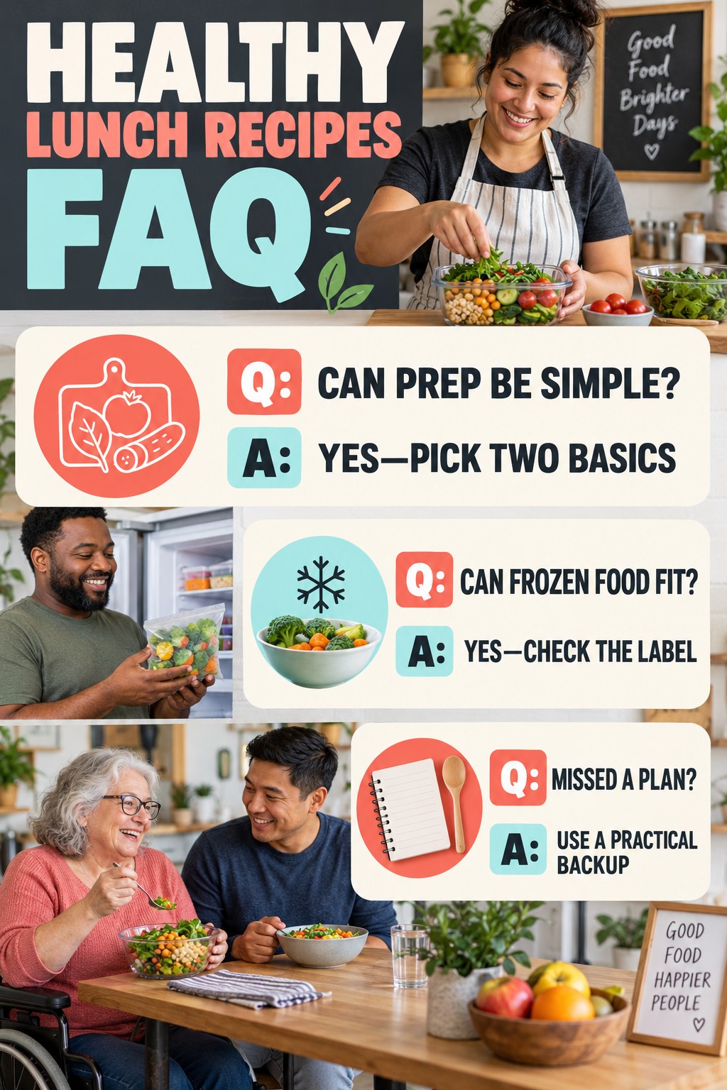 Healthy Lunch Recipes FAQ graphic with three concise questions and practical answers for beginners.
