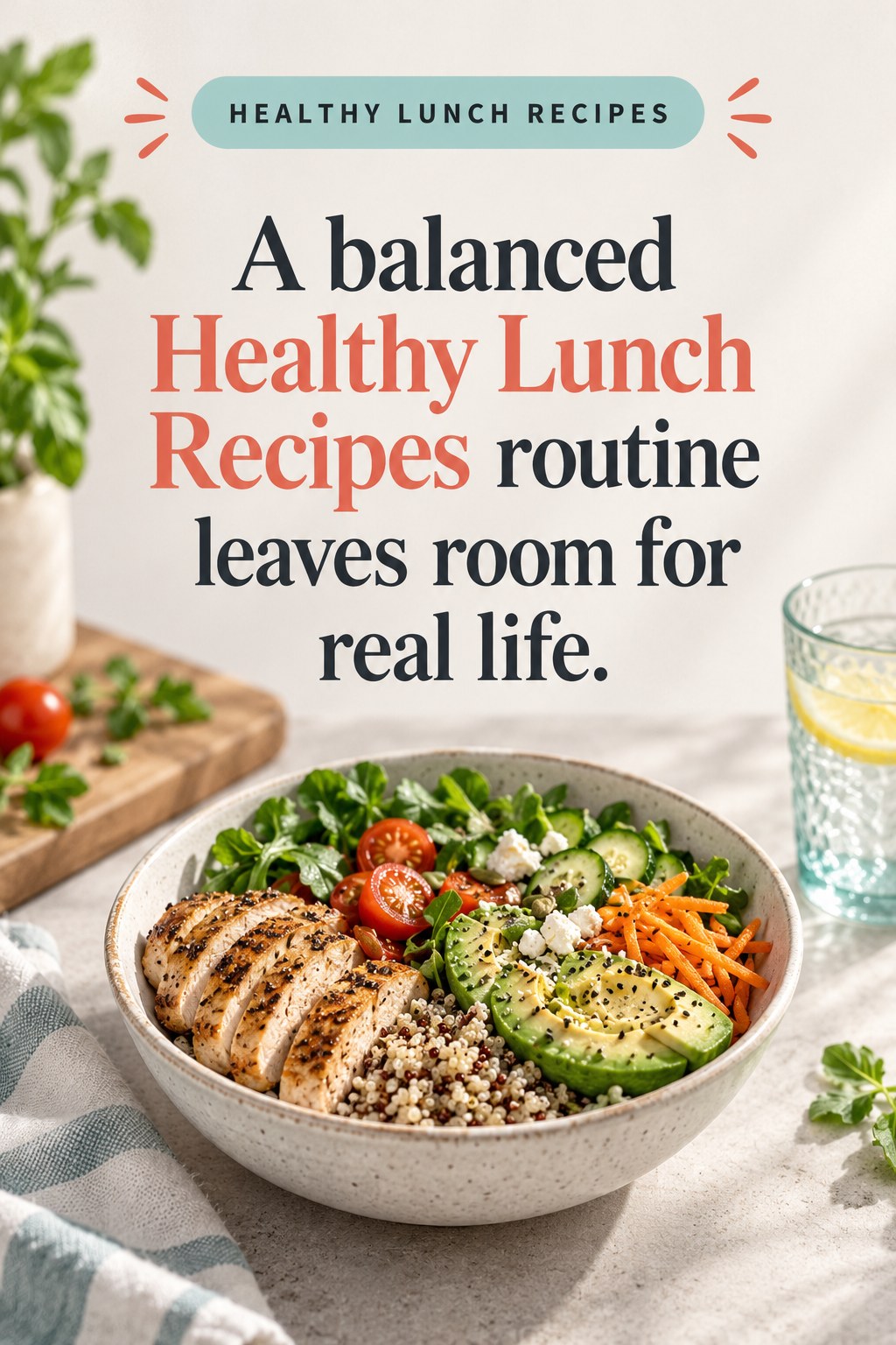 Original Healthy Lunch Recipes quote graphic reading “A balanced Healthy Lunch Recipes routine leaves room for real life.” in a board-relevant editorial design.