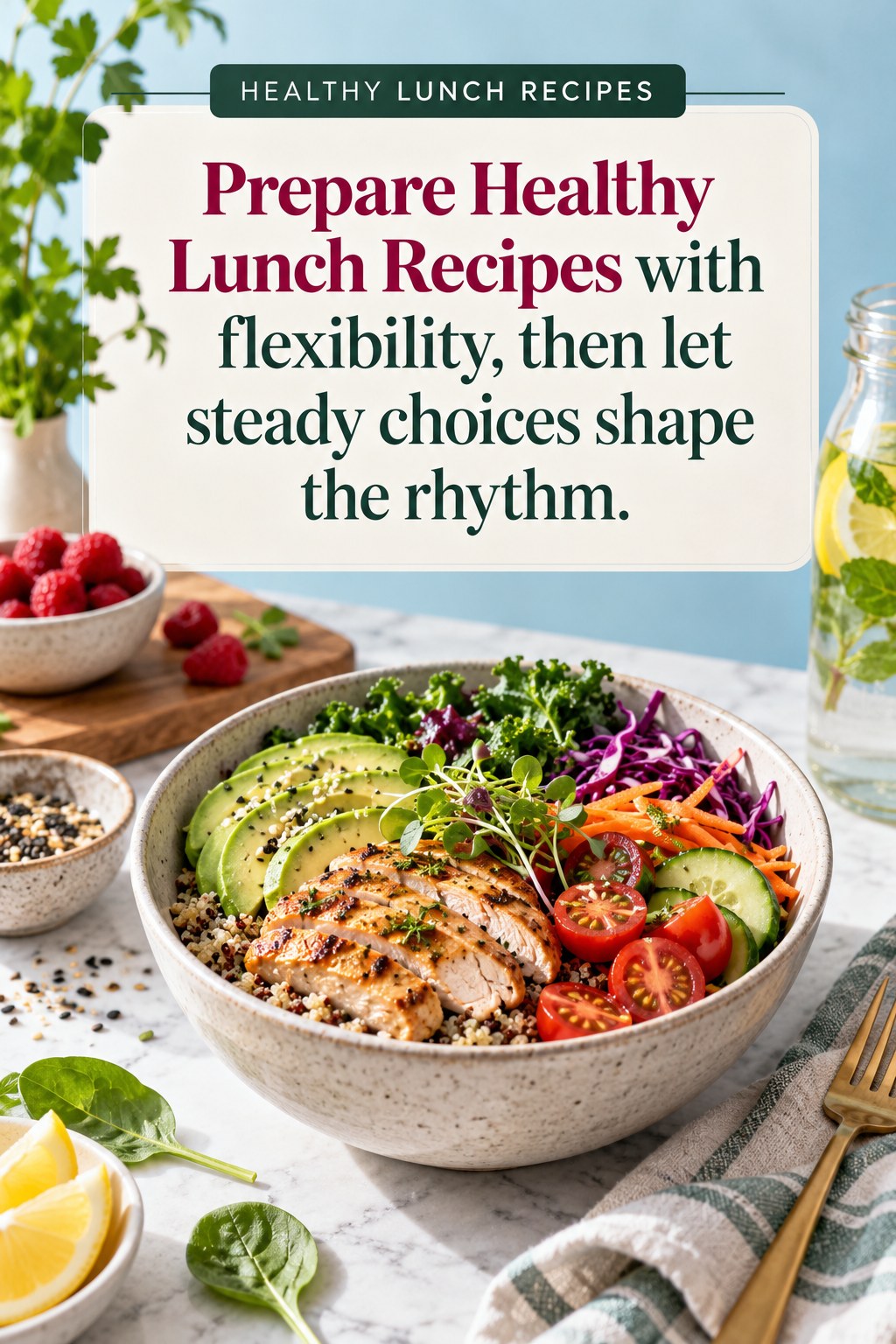 Original Healthy Lunch Recipes quote graphic reading “Prepare Healthy Lunch Recipes with flexibility, then let steady choices shape the rhythm.” in a board-relevant editorial design.
