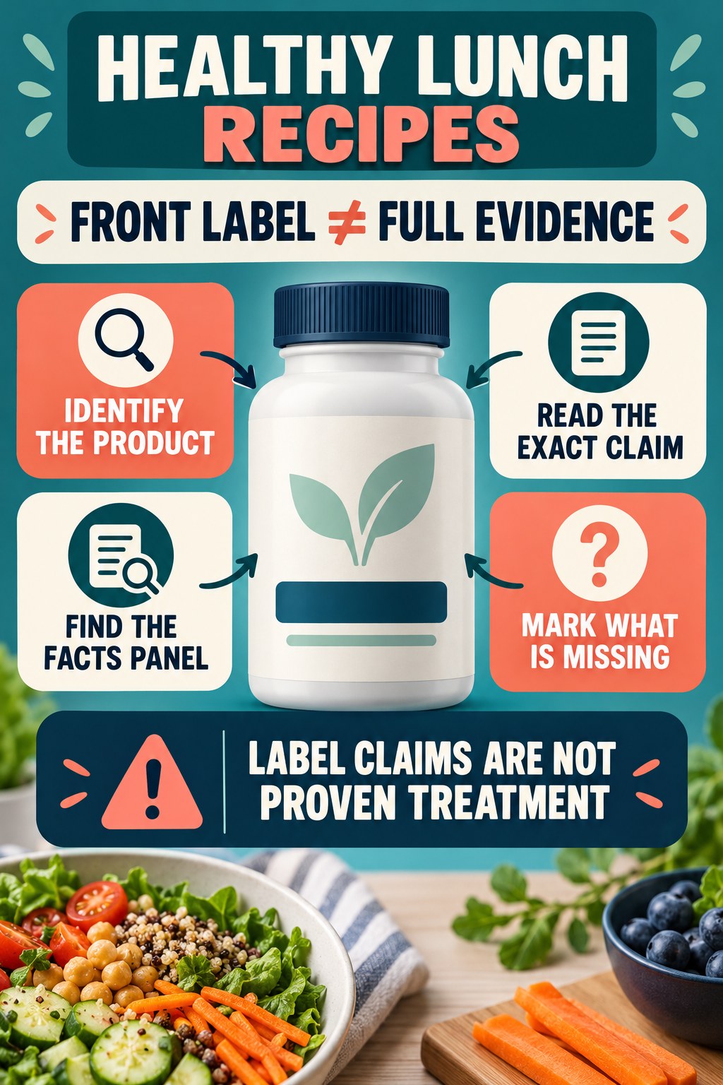 Read the Front Label Without Overreading It prostate supplement label-literacy infographic for Healthy Lunch Recipes with four careful reading points.