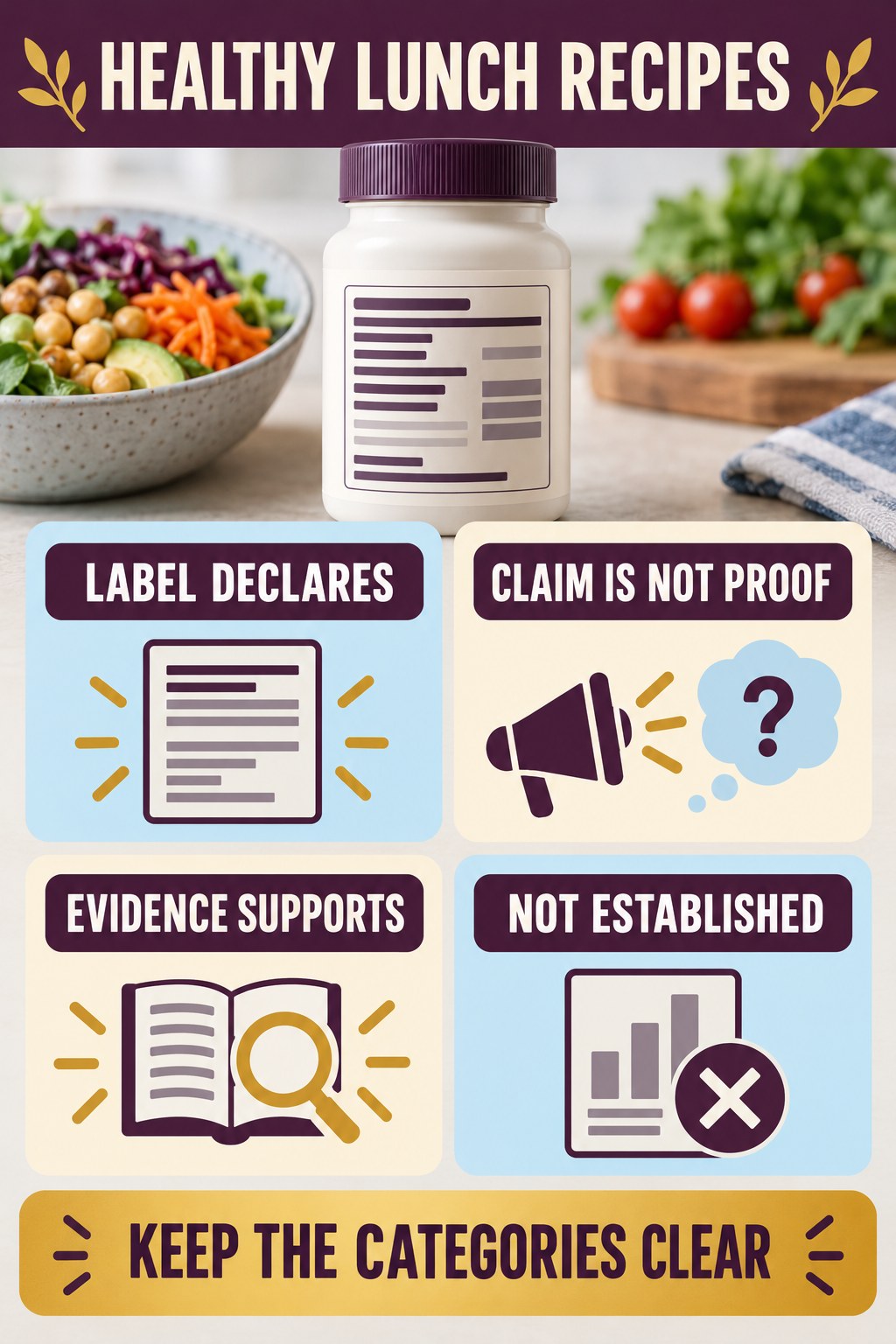 Separate Label Claims From Independent Evidence infographic for Healthy Lunch Recipes with four concise probiotic-label reading points.
