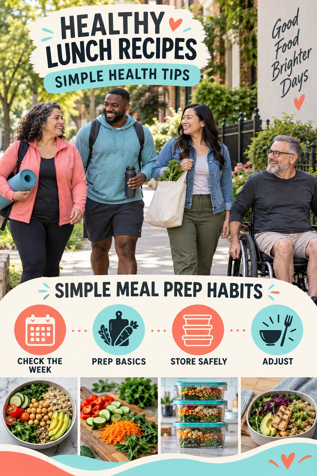Healthy Lunch Recipes simple-health graphic titled Simple Meal Prep Habits with four practical wellness prompts.