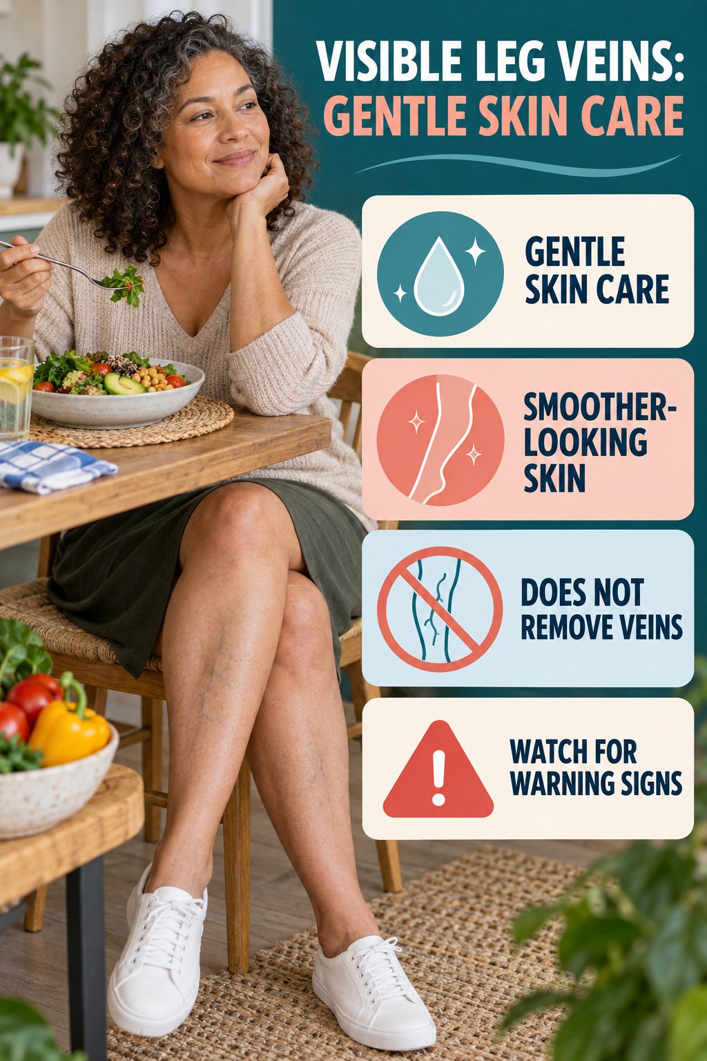 Gentle Skin Care infographic for Healthy Lunch Recipes, showing body-neutral visible-leg-vein appearance care and the boundary between temporary cosmetic support and treatment.