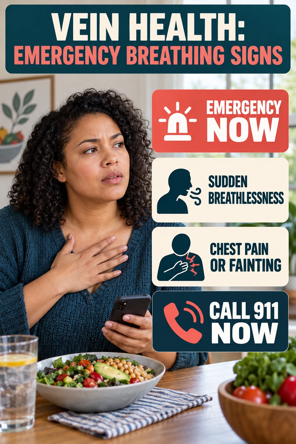 Emergency Breathing Signs infographic for Healthy Lunch Recipes, explaining vein-health warning signs and the appropriate next action without diagnosing a condition.