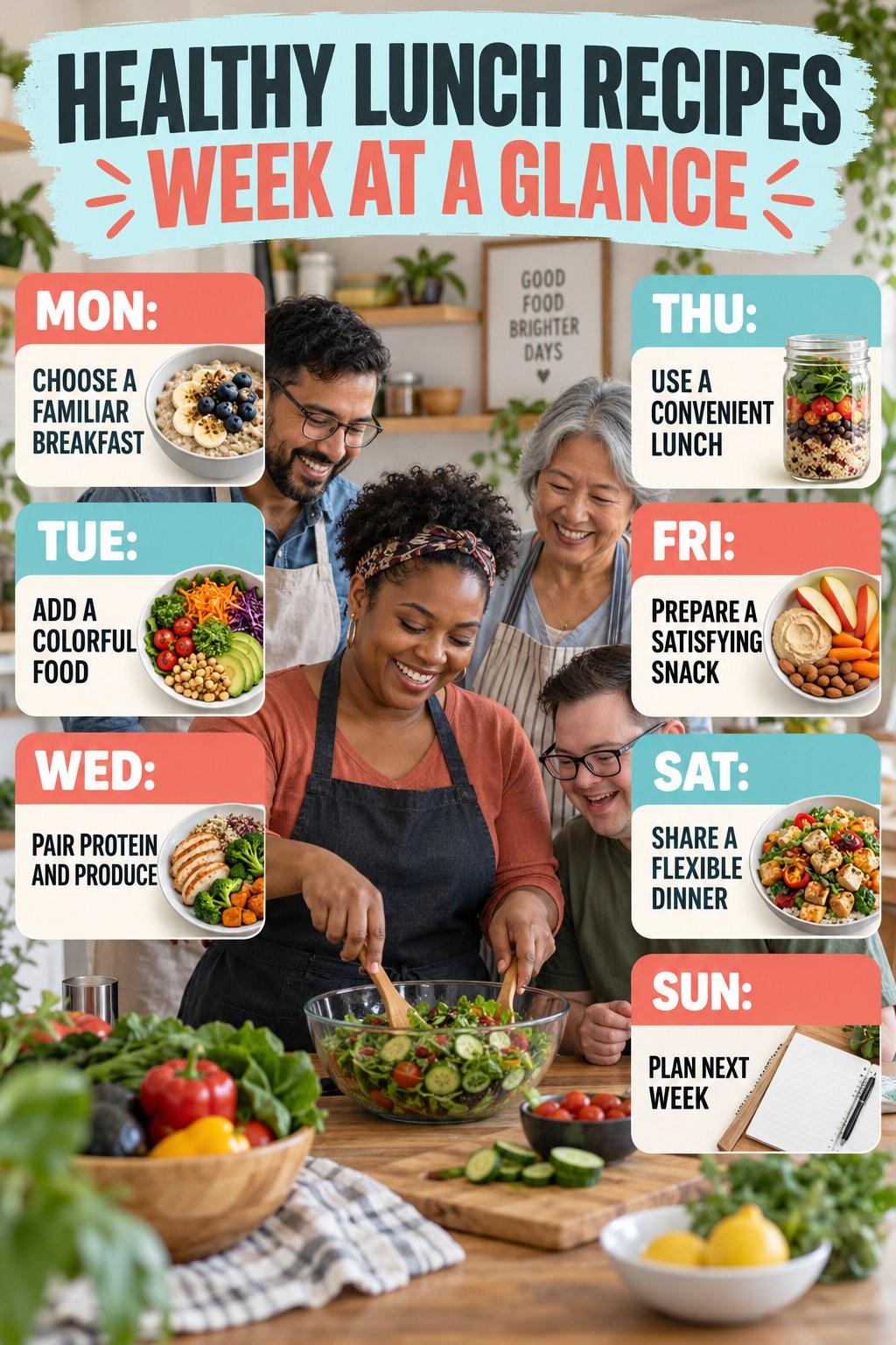 Weekly Healthy Lunch Recipes plan graphic with concise Monday-to-Sunday actions and flexible recovery guidance.
