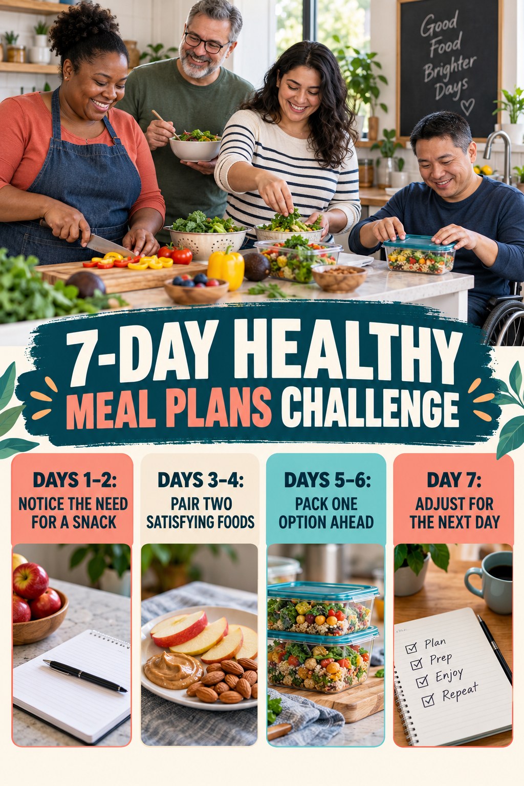 7-day Healthy Meal Plans challenge graphic showing four manageable milestones for consistent practice.