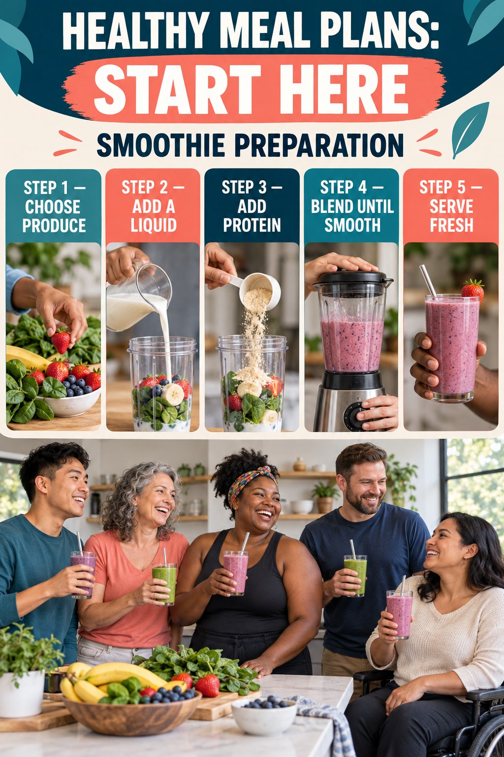 Healthy Meal Plans beginner guide graphic showing five manageable stages for smoothie preparation.
