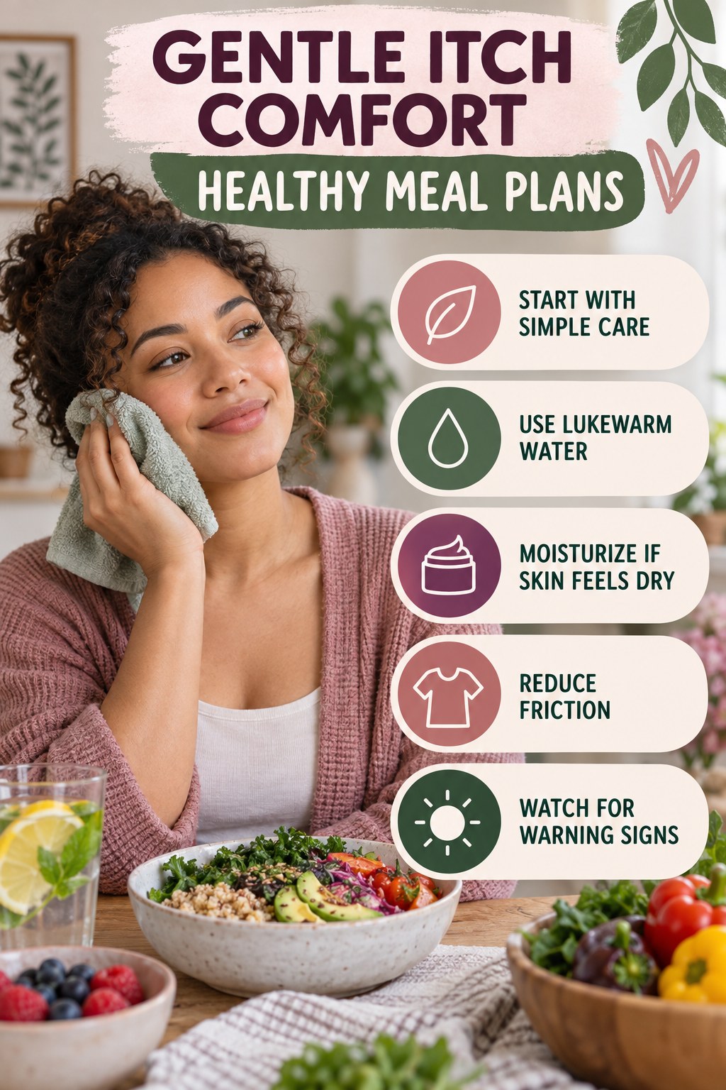 Beginner Skin Comfort Checklist infographic for Healthy Meal Plans with five gentle itchy-skin comfort strategies and a non-diagnostic safety focus.