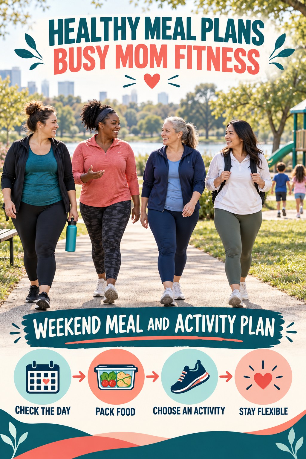 Healthy Meal Plans busy-mom fitness graphic titled Weekend Meal and Activity Plan with four practical movement prompts.