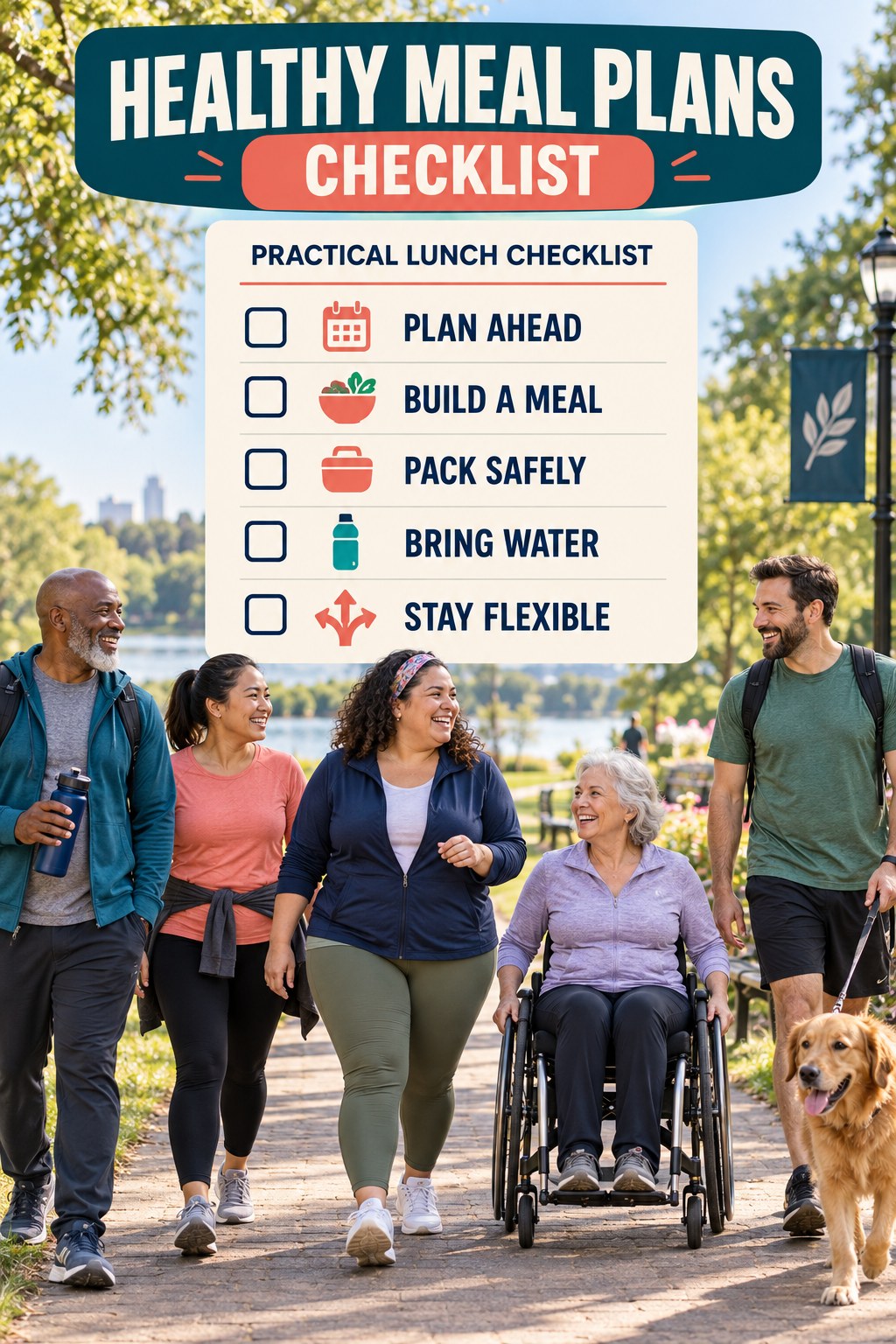 Healthy Meal Plans checklist graphic titled Practical Lunch Checklist with five clear practical wellness items.