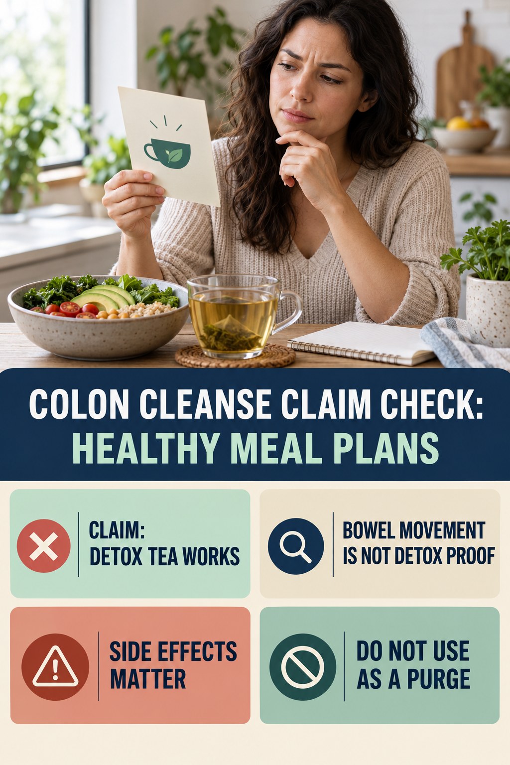 Detox Tea and Laxative Claims infographic for Healthy Meal Plans, separating a colon-cleanse marketing claim from evidence, reasonable conclusions, and safety context.