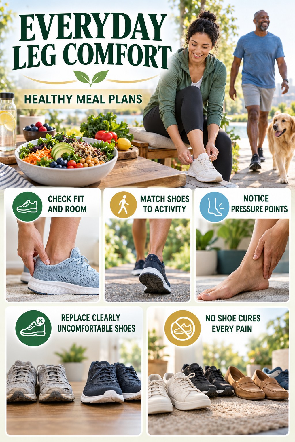 Comfortable Footwear Awareness infographic for Healthy Meal Plans with five gentle movement, position, footwear, recovery, or safety actions.