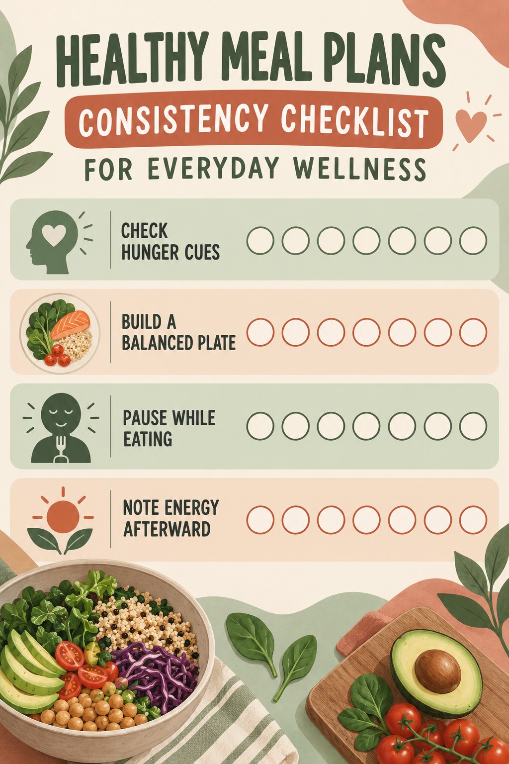Healthy Meal Plans Consistency Checklist for Everyday Wellness infographic with checkboxes for check hunger cues, build a balanced plate, pause while eating, note energy afterward.