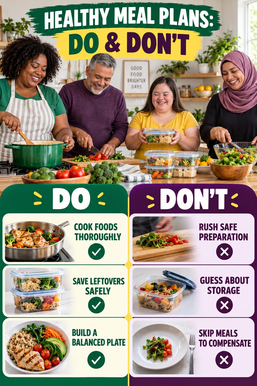 Healthy Meal Plans Do and Don’t comparison graphic showing three practical behavior pairs for busy-day meals.
