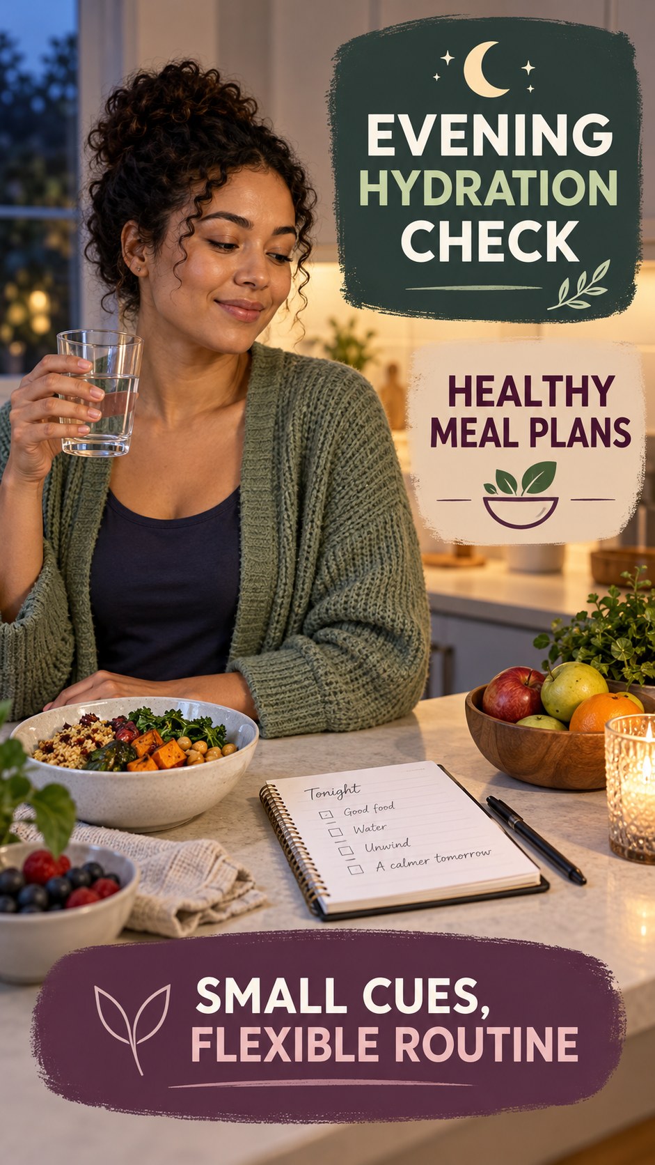 Evening Hydration Awareness infographic for Healthy Meal Plans, showing a flexible and calming evening wellness routine.