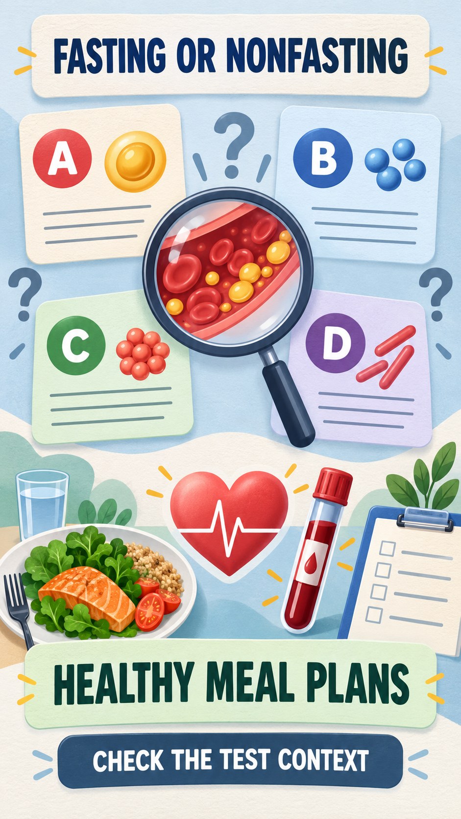 Fasting and Nonfasting Questions infographic for Healthy Meal Plans, using a non-numerical educational lipid-panel layout with question and context icons.