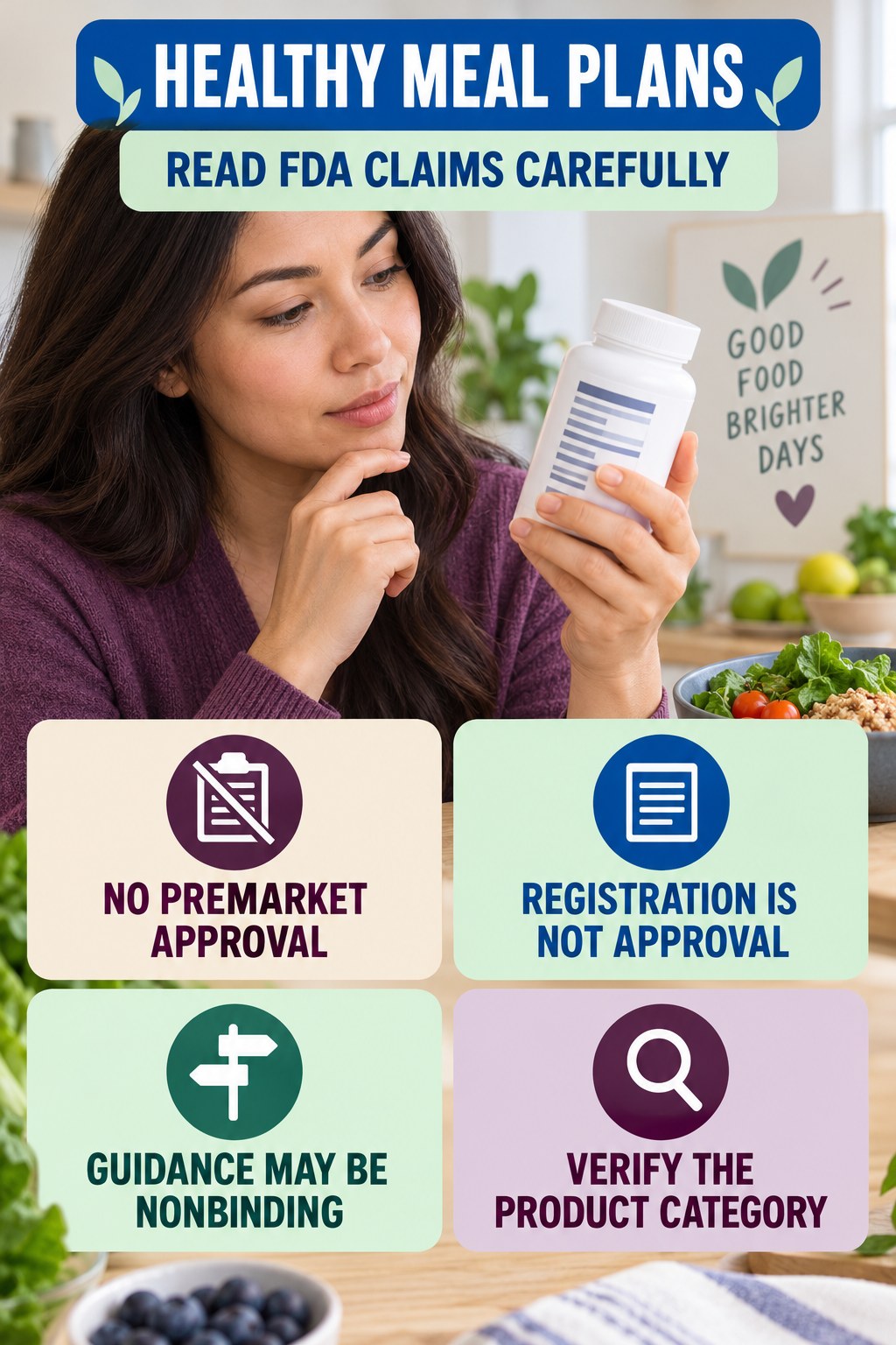 FDA Status on Supplement Labels infographic for Healthy Meal Plans with four concise probiotic-label reading points.
