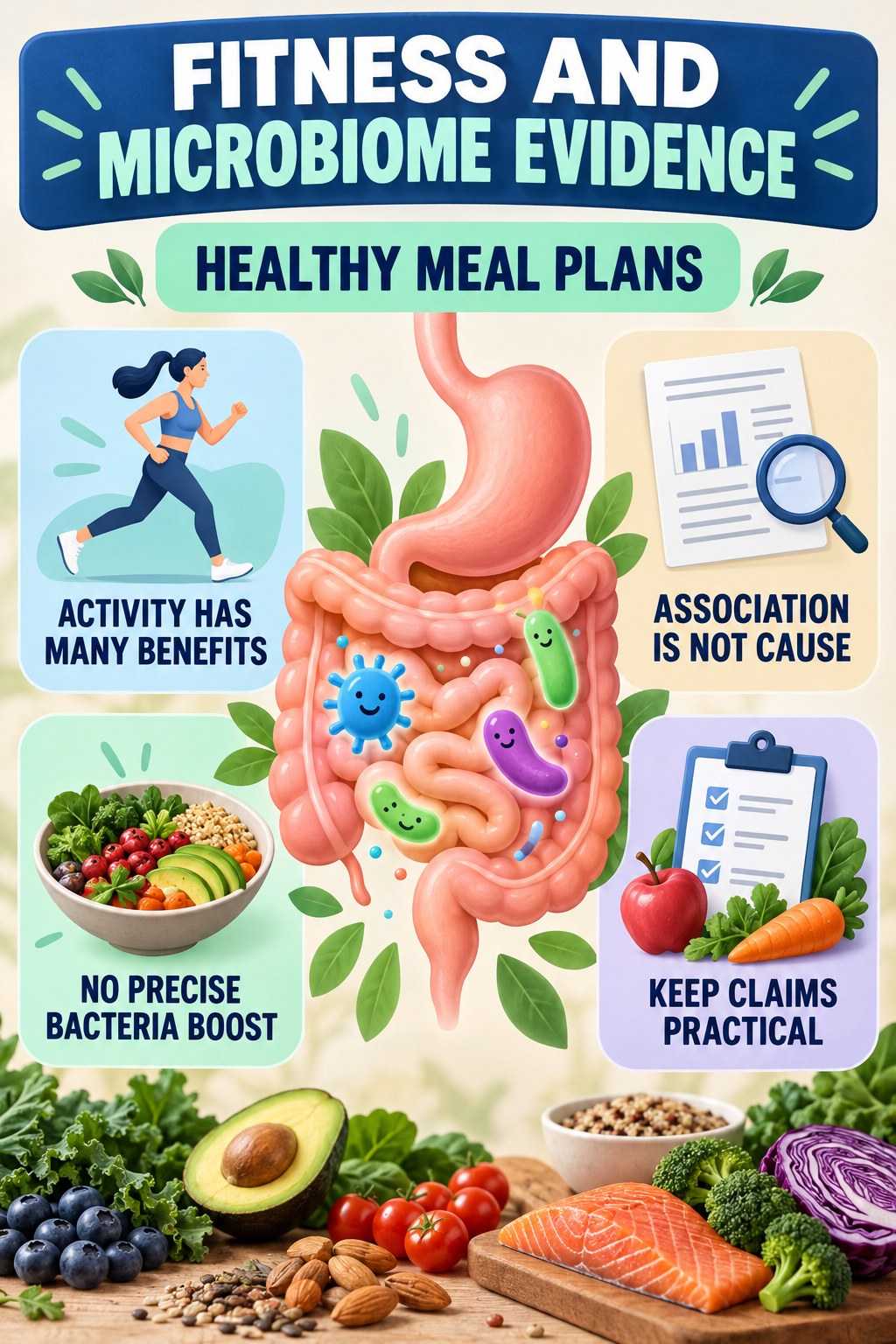 Fitness Headlines and Microbiome Evidence educational infographic for Healthy Meal Plans with four evidence-aware points.