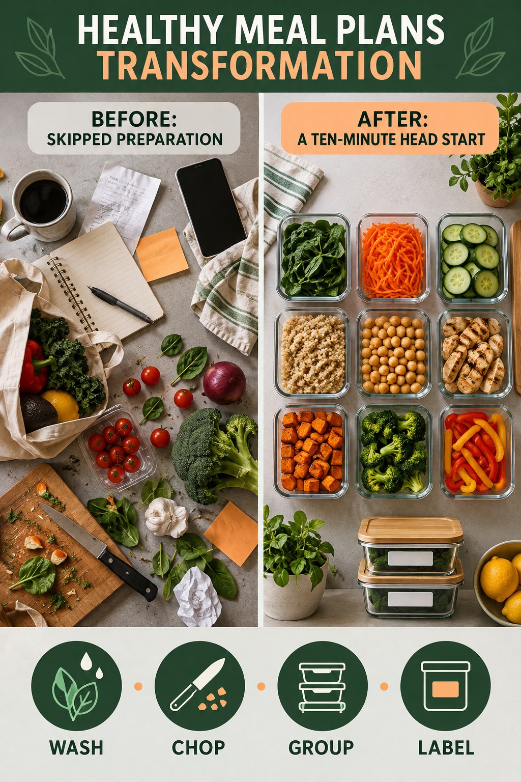 Healthy Meal Plans habit transformation graphic comparing skipped preparation with a ten-minute head start using four practical steps.