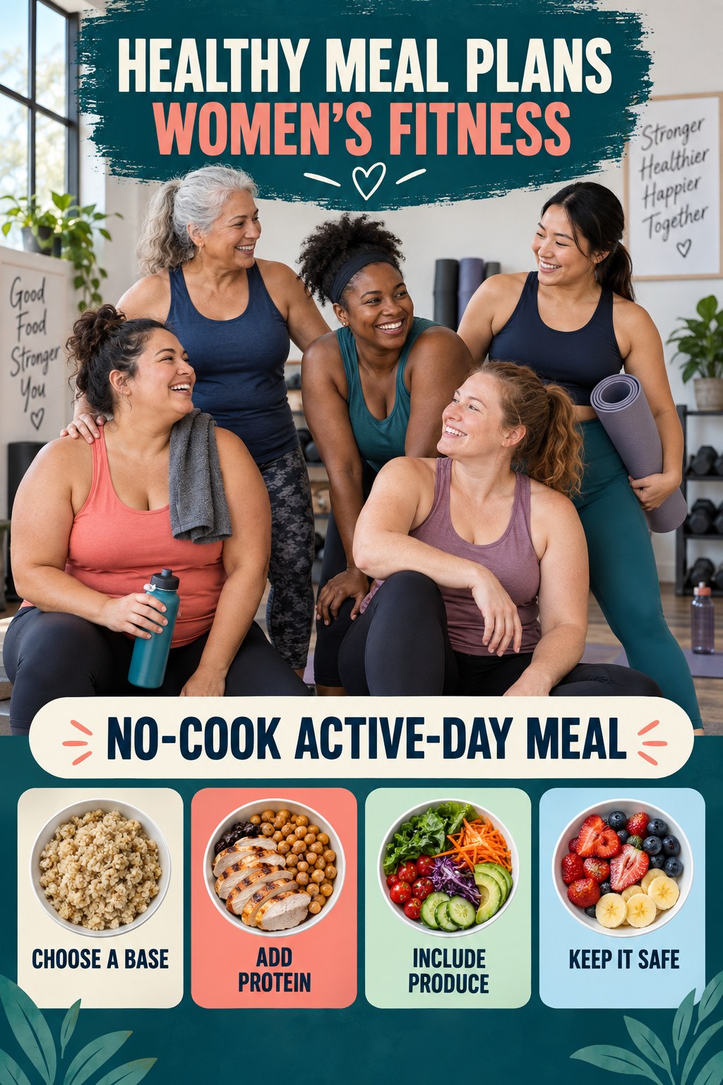Healthy Meal Plans women’s fitness graphic titled No-Cook Active-Day Meal with four practical training prompts.