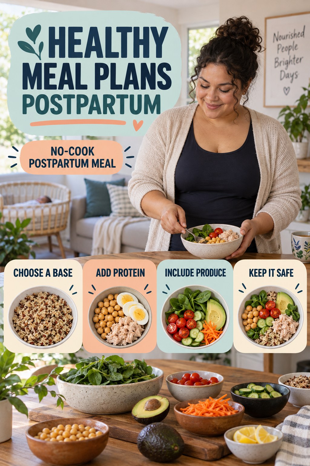 Healthy Meal Plans postpartum graphic titled No-Cook Postpartum Meal with four gradual recovery-aware prompts.
