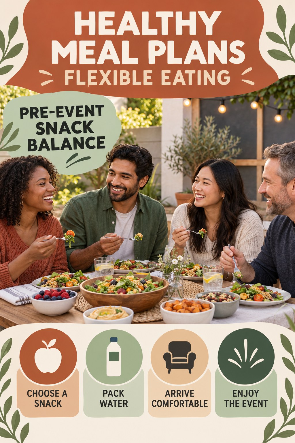 Healthy Meal Plans flexible eating graphic titled Pre-Event Snack Balance with four practical balance prompts.