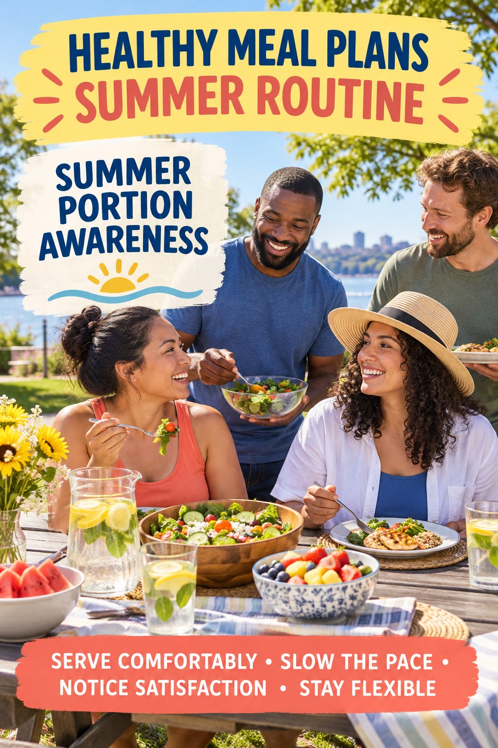 Healthy Meal Plans summer routine graphic titled Summer Portion Awareness with four practical wellness prompts.