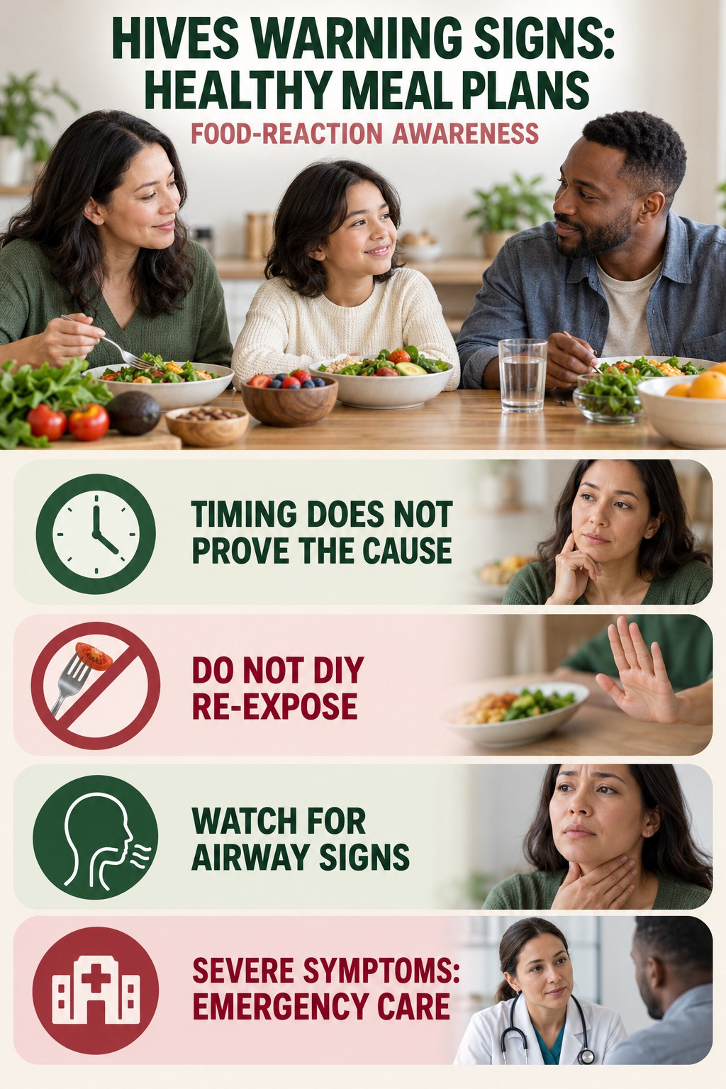 Food-Reaction Awareness infographic for Healthy Meal Plans, highlighting urgent breathing, throat, swelling, fainting, and rapid-progression warning signs without diagnosing hives.