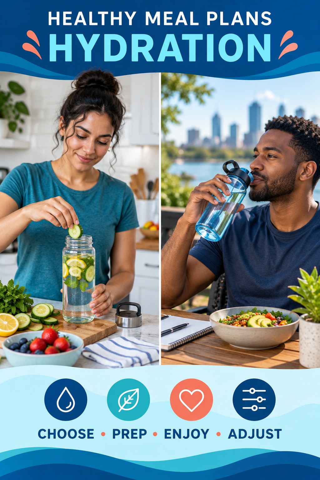 Healthy Meal Plans hydration graphic titled Flexible Healthy Drink Routine with four flexible water-habit prompts and no fixed intake target.