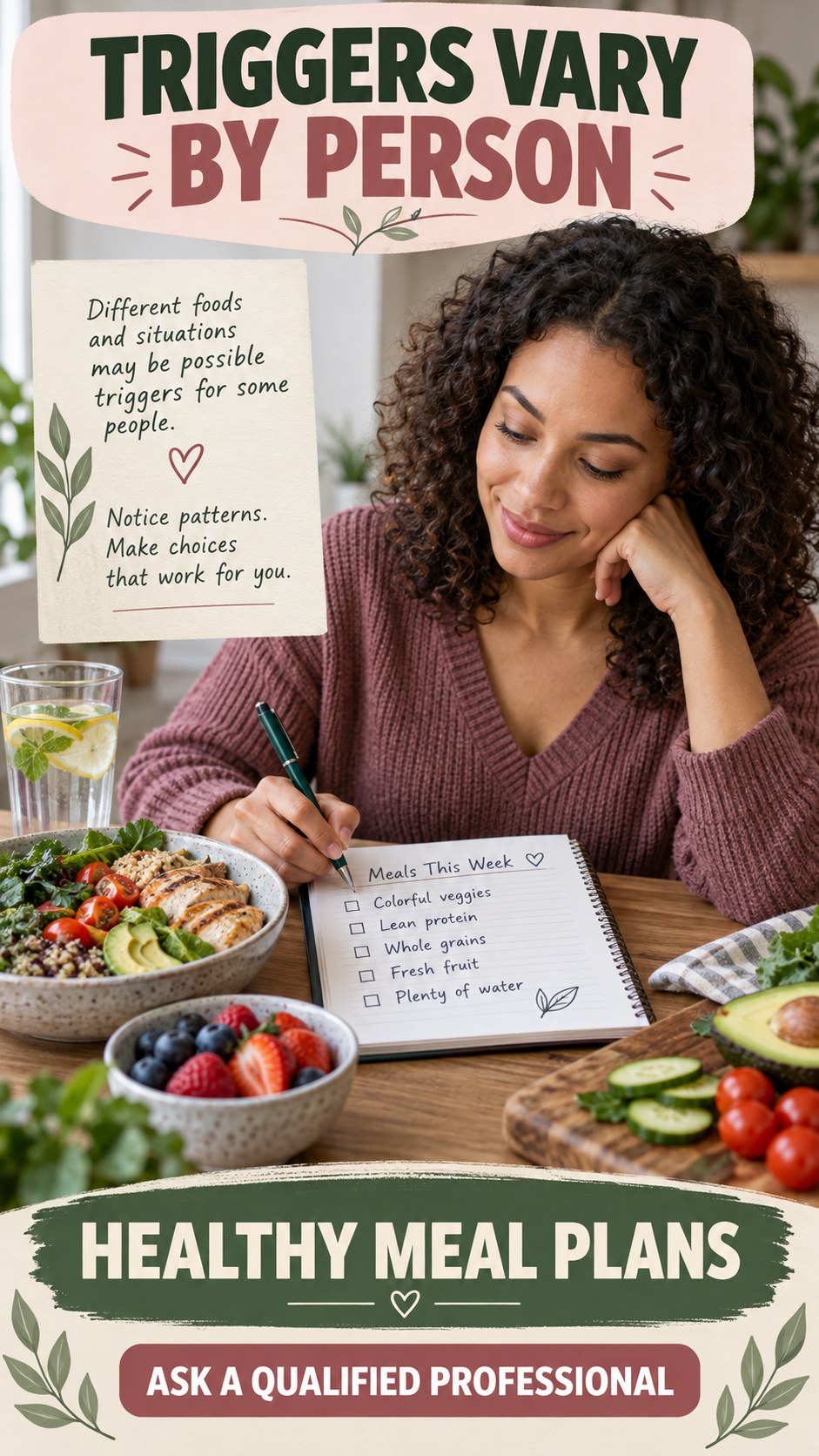 Lysine and Arginine Caution infographic for Healthy Meal Plans, explaining that possible cold-sore triggers vary by person.